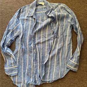 H&M Blue and White Striped Button-Down Linen Shirt